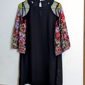 Sheer Sleeve Embroidered Black Dress